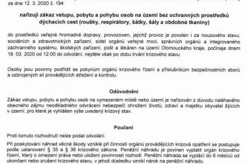 Rozhodnutí hejtmana Olomouckého kraje o zákazu vstupu bez ochranných prostředků ze dne 18.3.2020