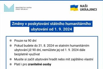 Změny v poskytování státního humanitárního ubytování od 1.9.2024/зміни, варіанти житла з 1.9.2024